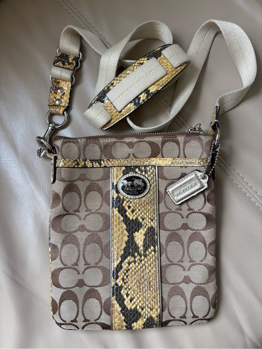 Coach Brown Signature Crossbody with Yellow Snake-Print Accent
